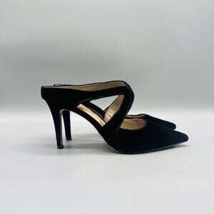 Boden Shoes Womens 8.5 Black Suede Mule Pumps Pointed Toe Heels Cutout Strap